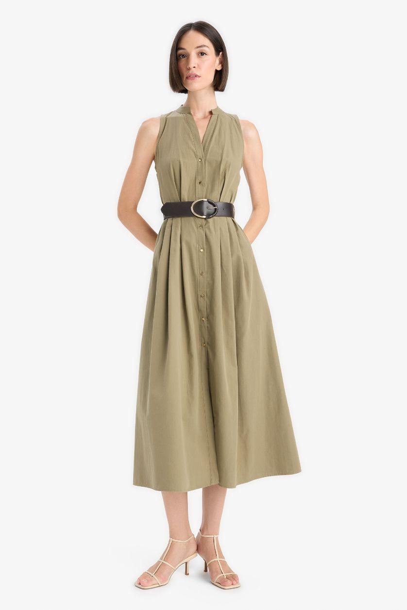 Женщины Хаки Регулярного кроя длинное платье из хлопка с короткими рукавами.