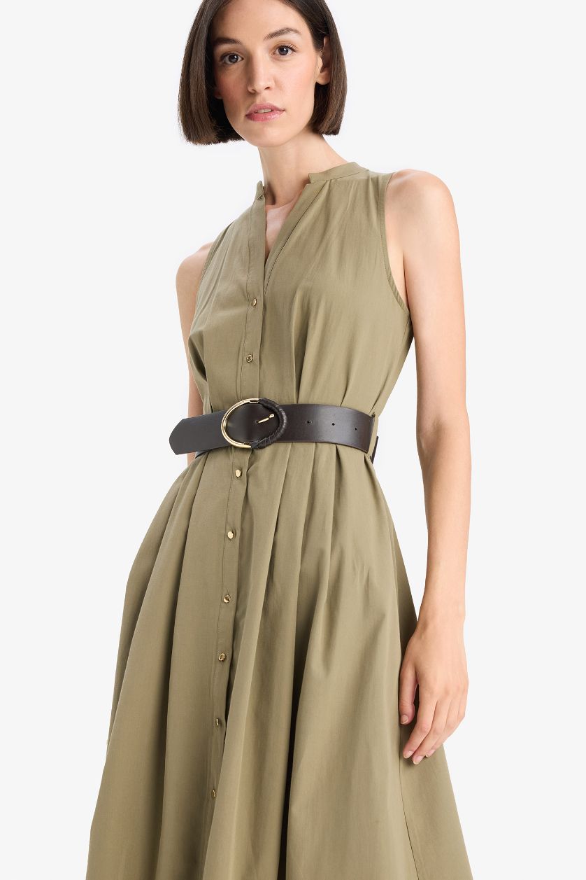 Женщины Хаки Регулярного кроя длинное платье из хлопка с короткими рукавами.