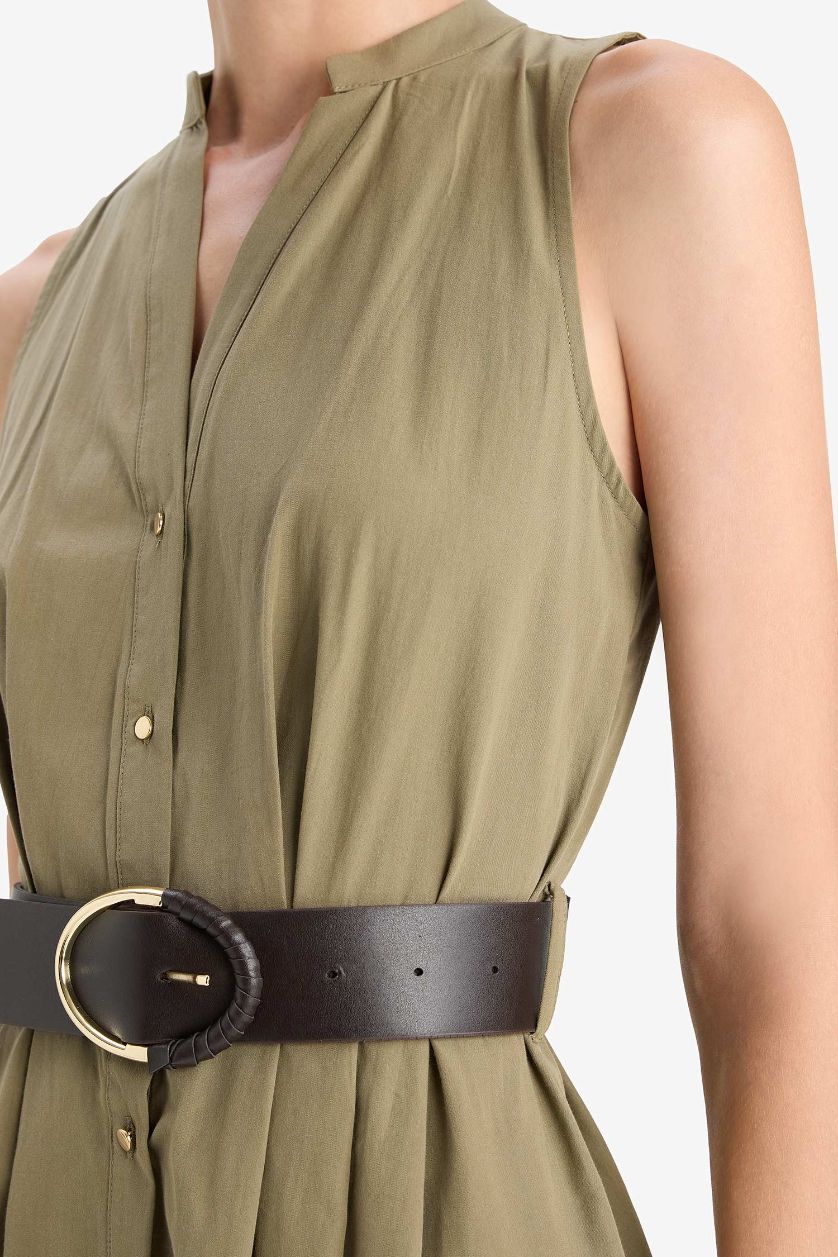 Женщины Хаки Регулярного кроя длинное платье из хлопка с короткими рукавами.