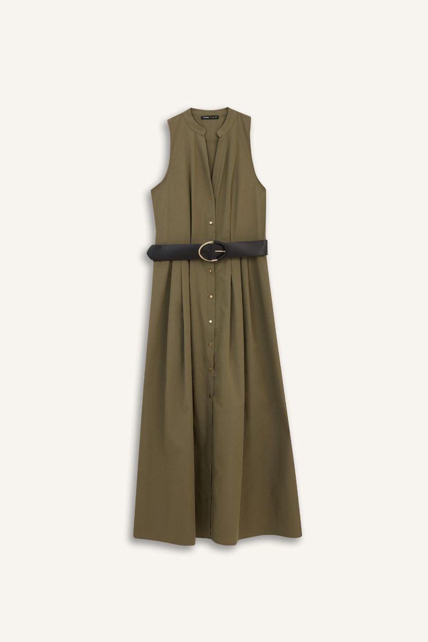 Женщины Хаки Регулярного кроя длинное платье из хлопка с короткими рукавами.