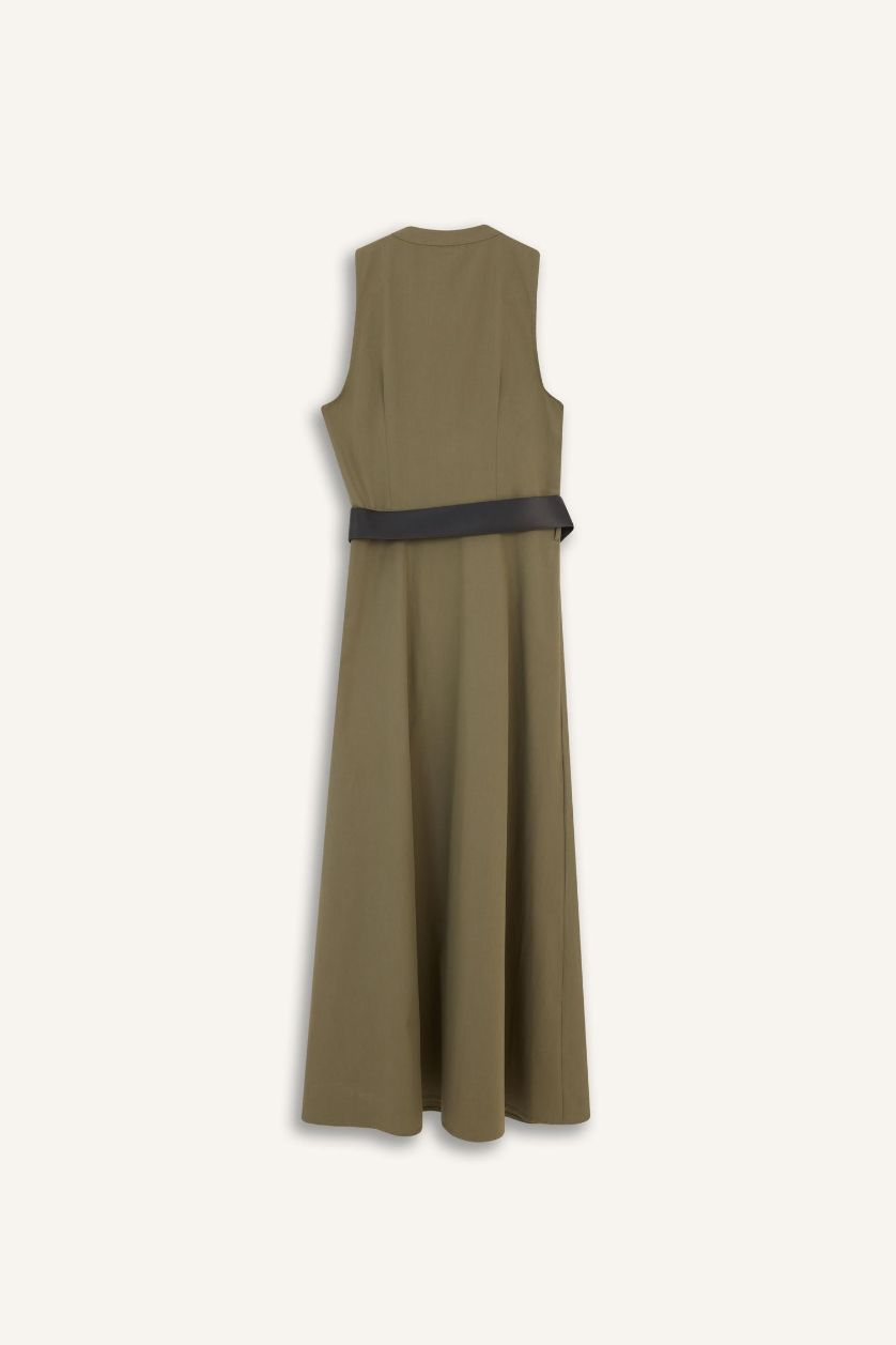 Женщины Хаки Регулярного кроя длинное платье из хлопка с короткими рукавами.