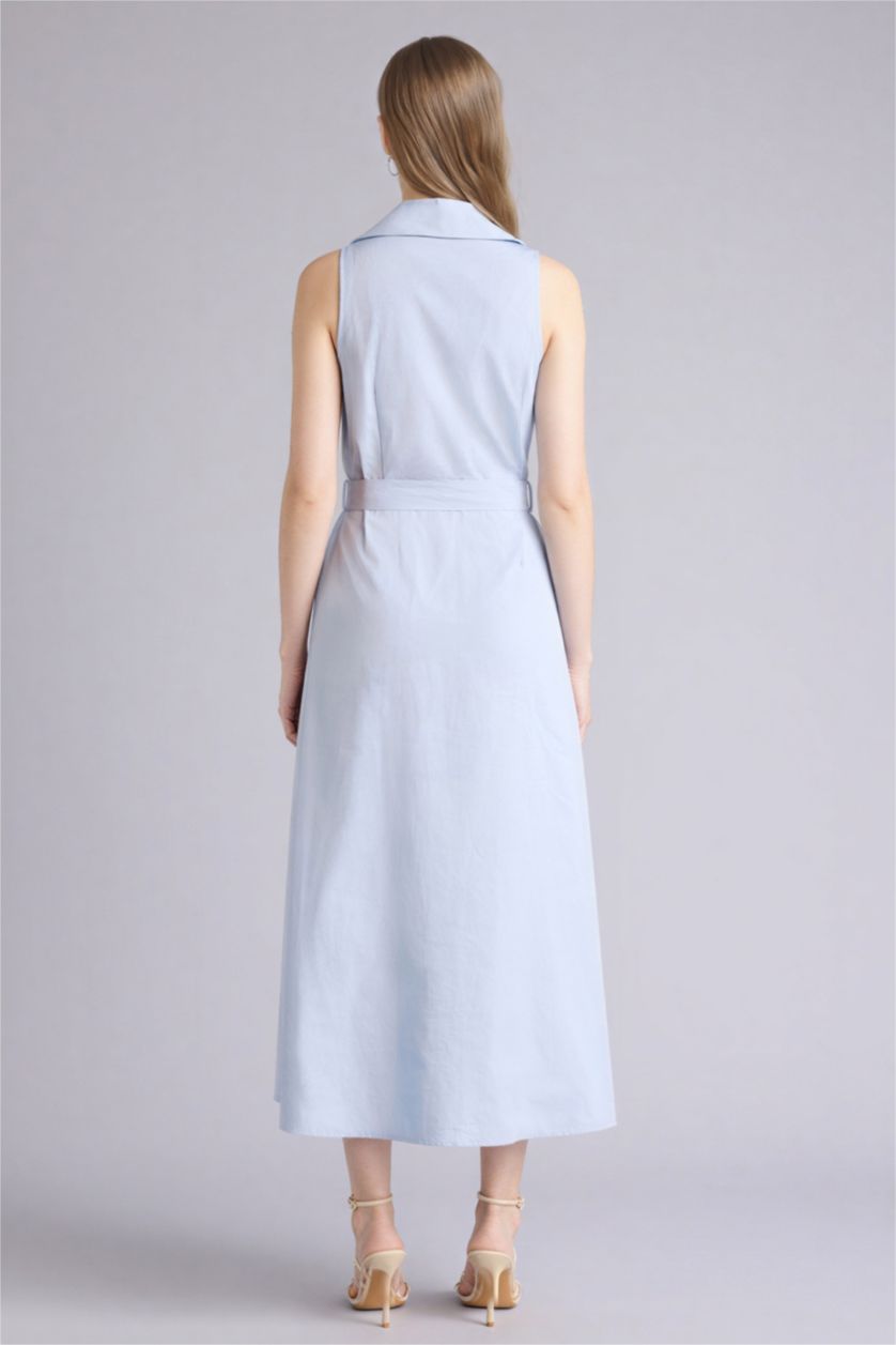 Kadın Mavi Regular Fıt Hakim Yaka Pamuklu Kısa Kollu Uzun Elbise