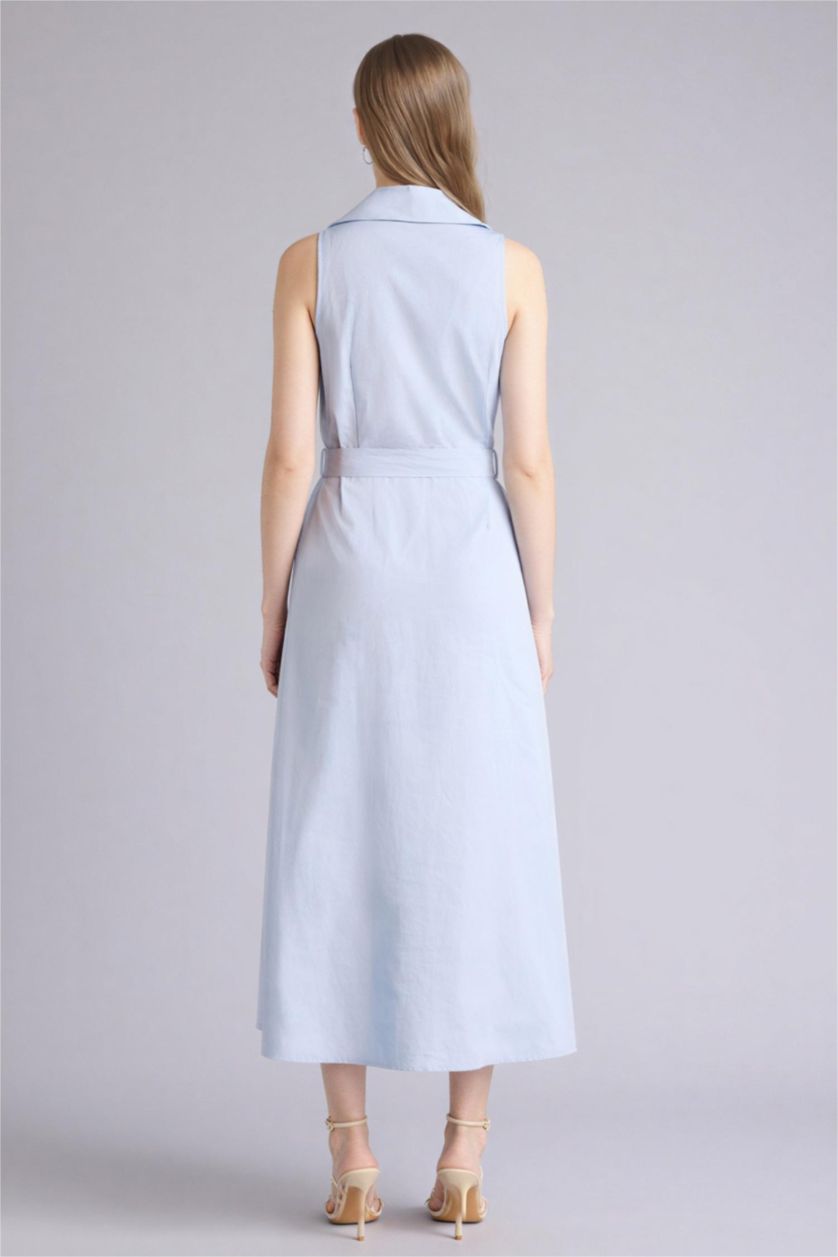 حريمي أزرق فستان طويل كت قطن قصة عادية بياقة قميص بحزام