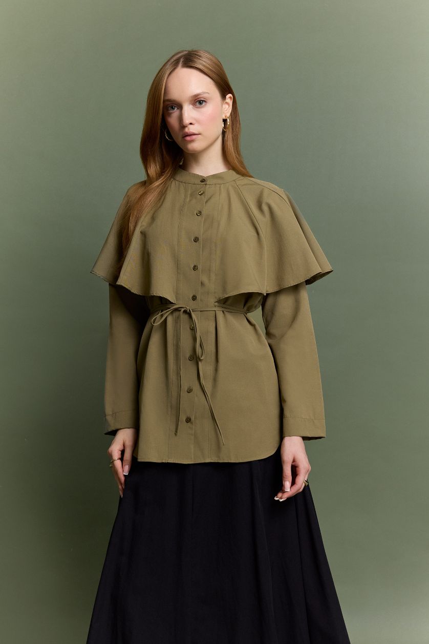 حريمي كاكي تونيك كم طويل تيري قطن قصة مريحة