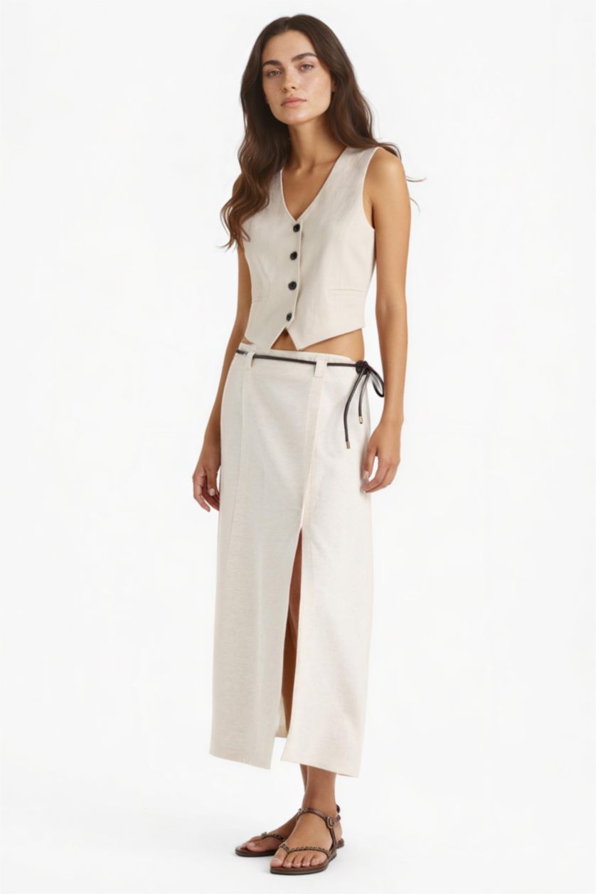 Kadın Ekru Regular Fit Yüksek Bel Midi Etek