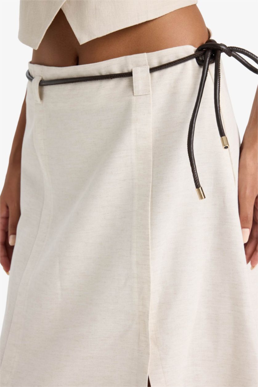 Kadın Ekru Regular Fit Yüksek Bel Midi Etek