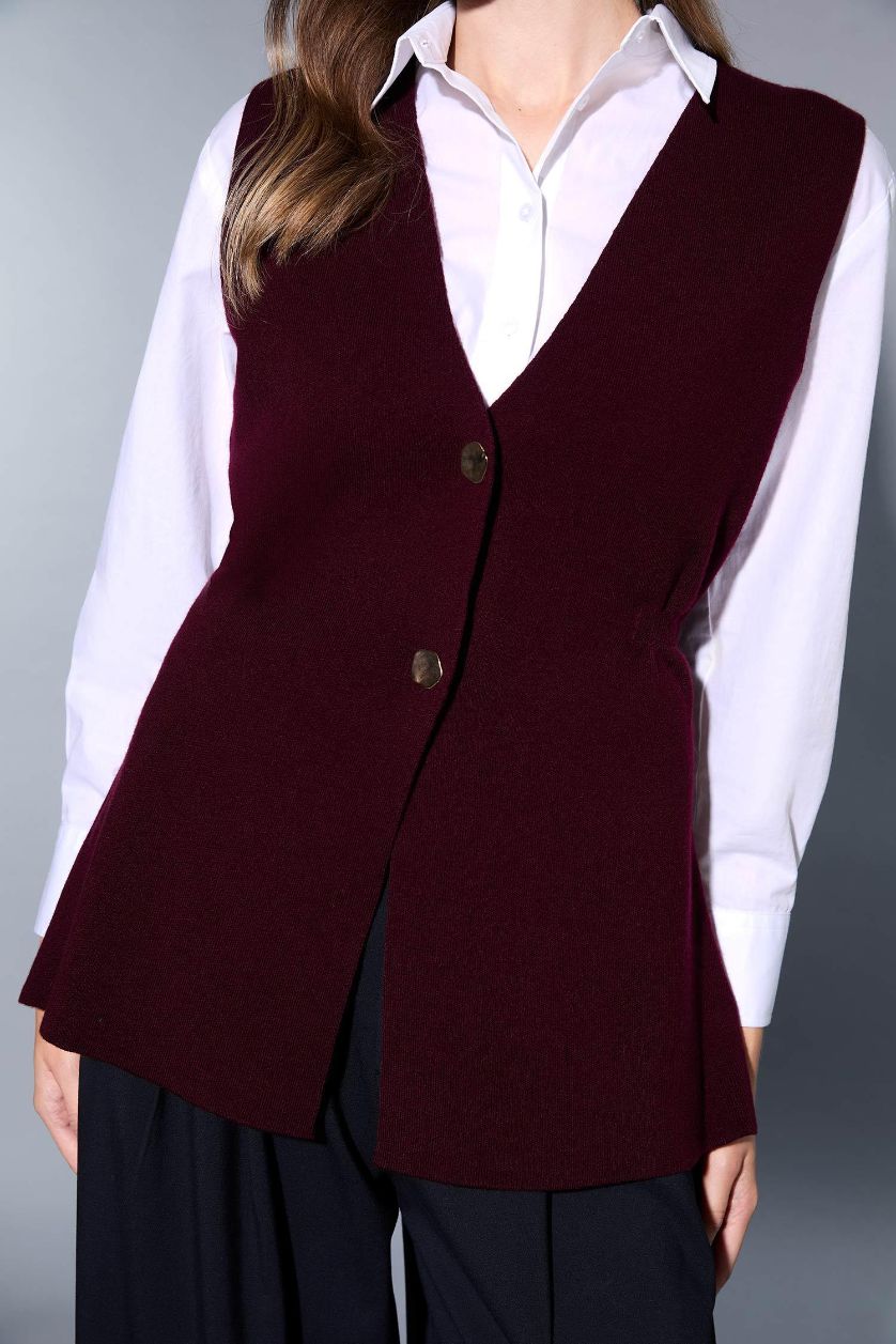 Kadın Bordo Regular Fıt V Yaka Triko Yelek