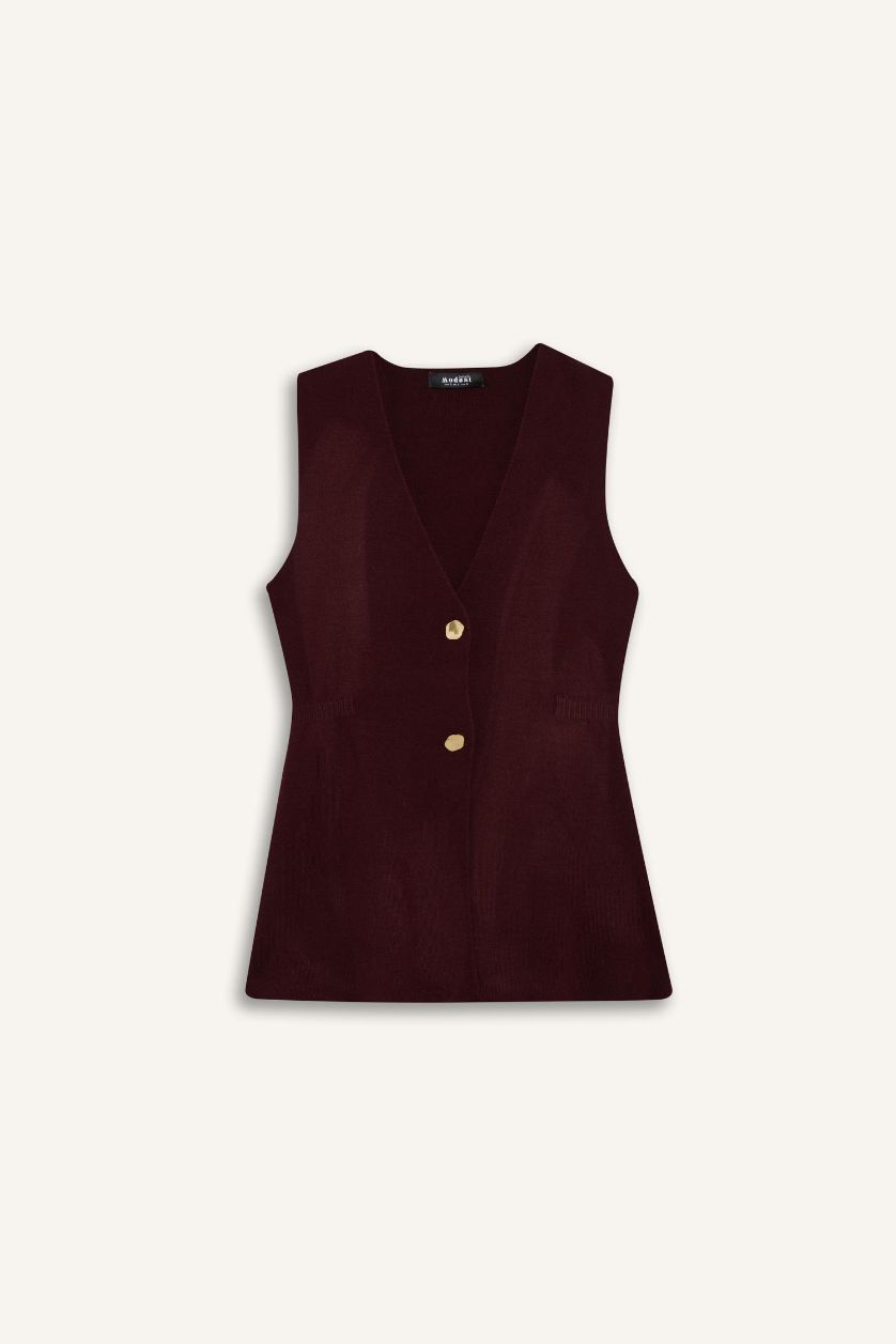 Kadın Bordo Regular Fıt V Yaka Triko Yelek