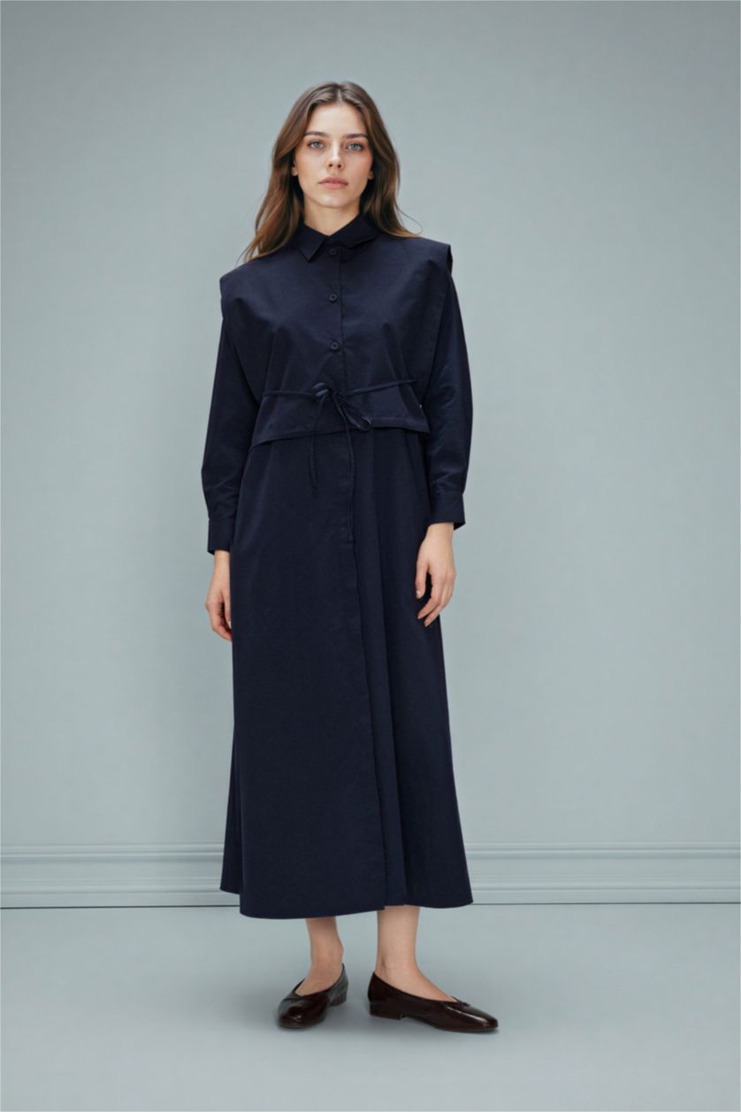 Woman NAVY Mandarin Collar Poplin Long Sleeve Maxi Dress