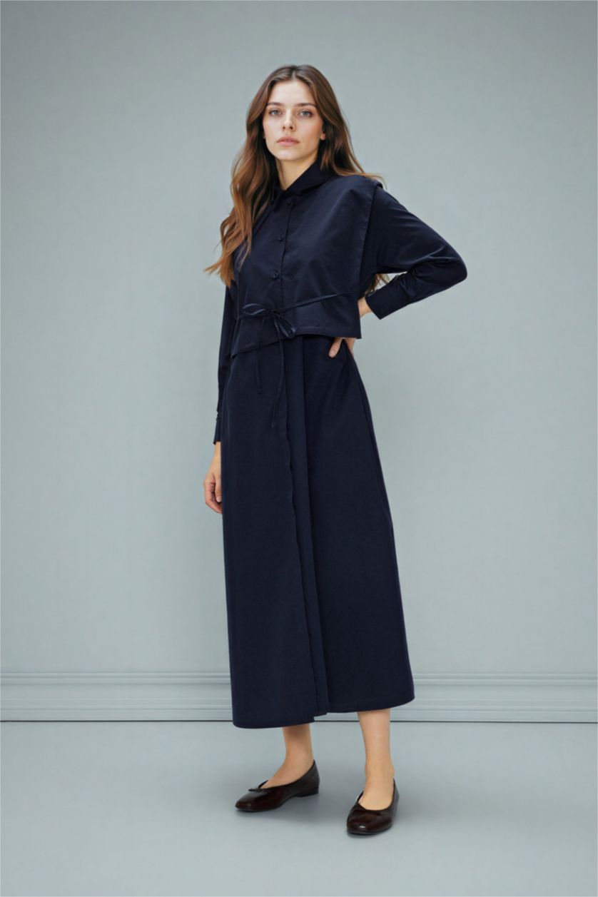 Woman NAVY Mandarin Collar Poplin Long Sleeve Maxi Dress