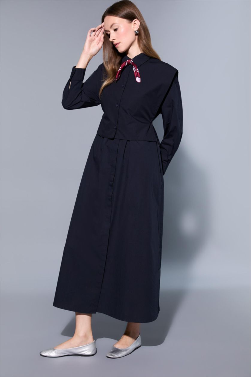 Woman NAVY Mandarin Collar Poplin Long Sleeve Maxi Dress