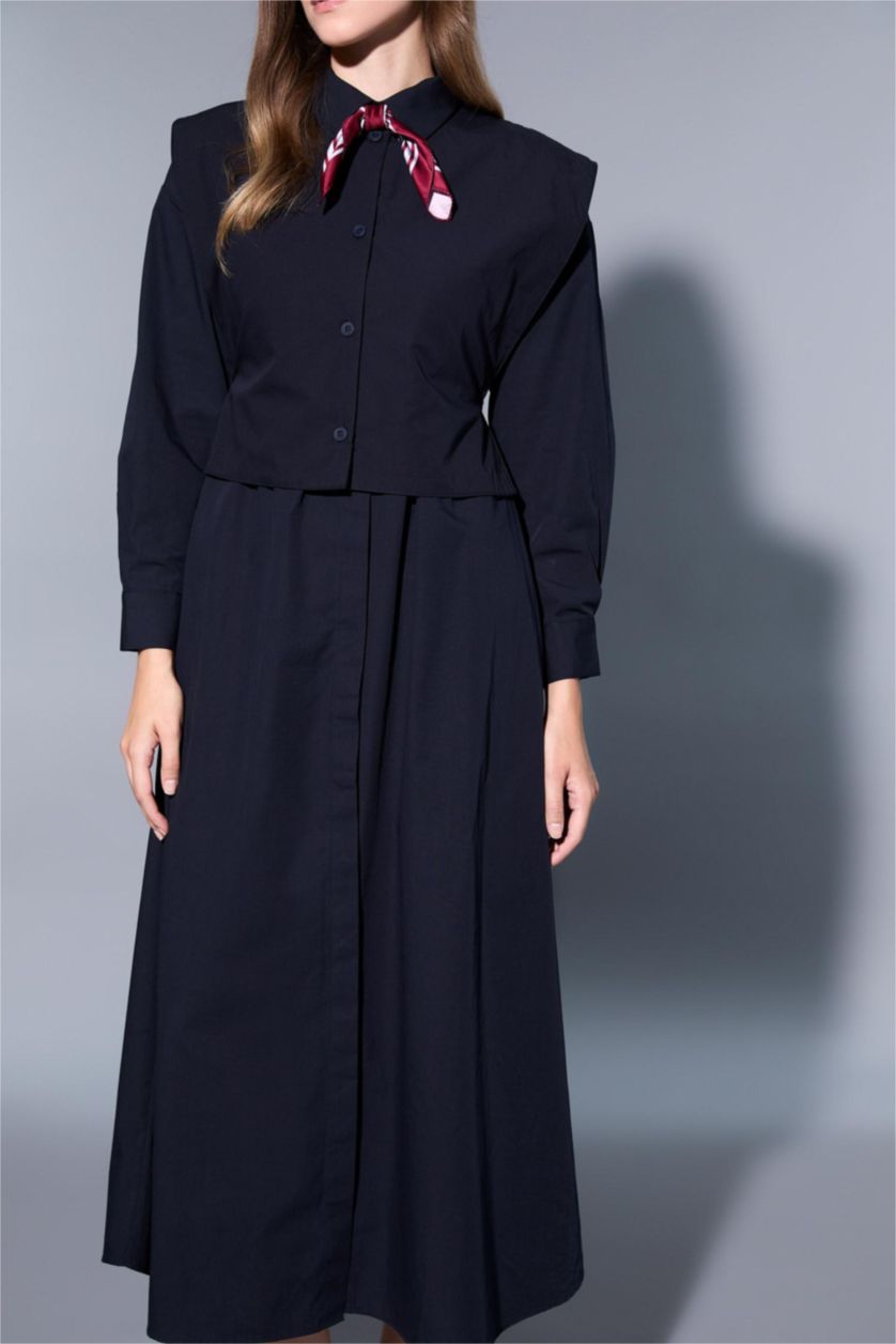 Woman NAVY Mandarin Collar Poplin Long Sleeve Maxi Dress