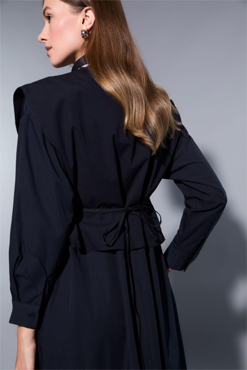 Woman NAVY Mandarin Collar Poplin Long Sleeve Maxi Dress