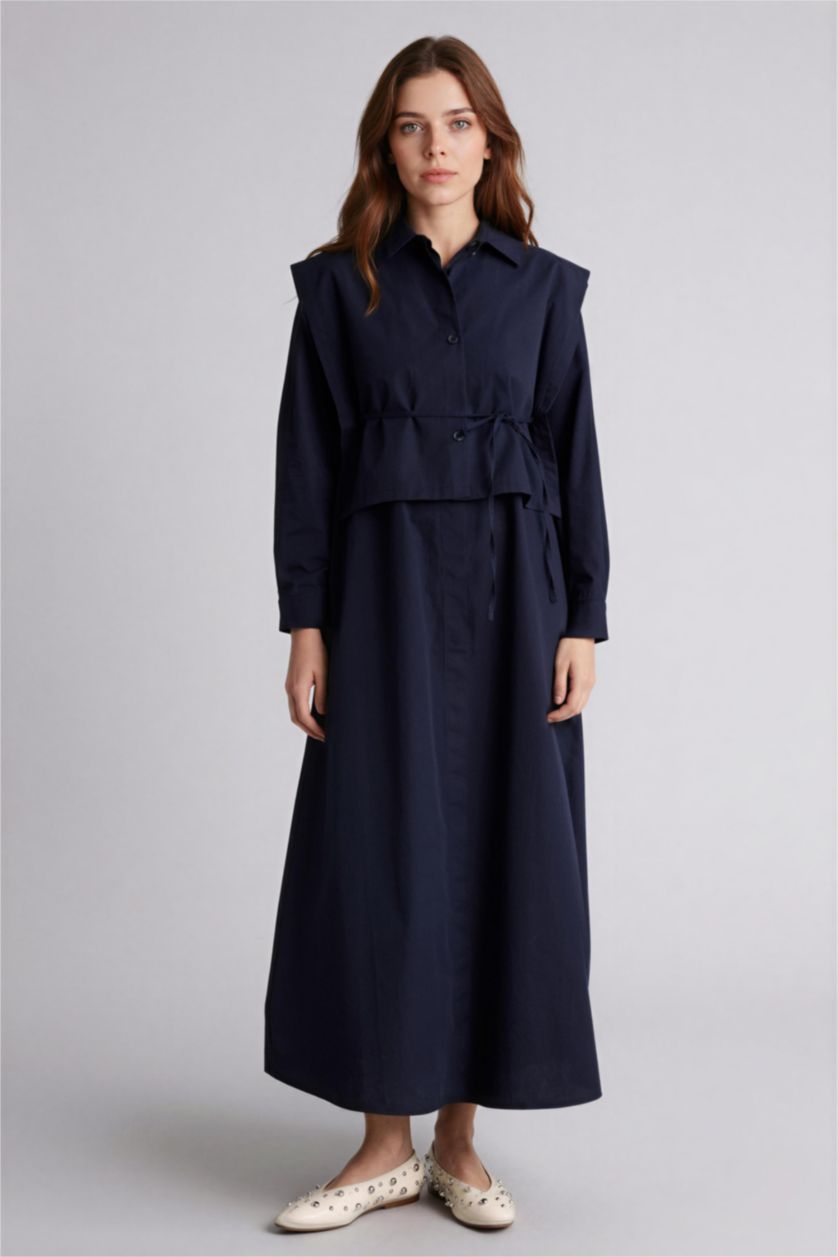 Kadın Lacivert Hakim Yaka Poplin Uzun Kollu Elbise