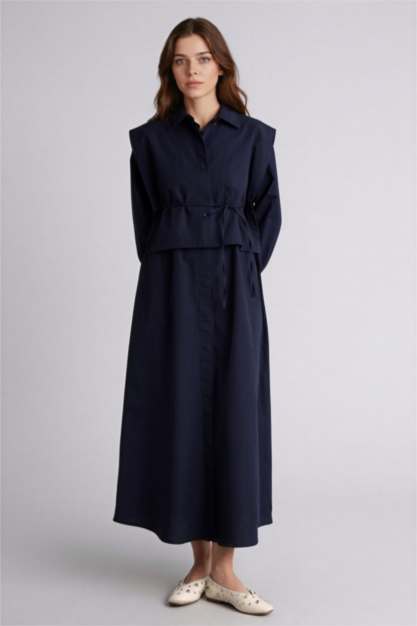 Kadın Lacivert Hakim Yaka Poplin Uzun Kollu Elbise