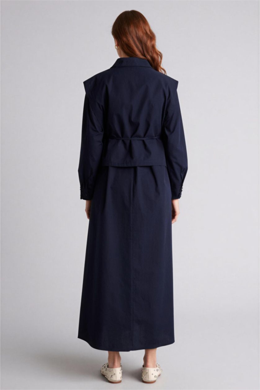 Kadın Lacivert %100 Pamuk Hakim Yaka Poplin Uzun Kollu Maxi Elbise