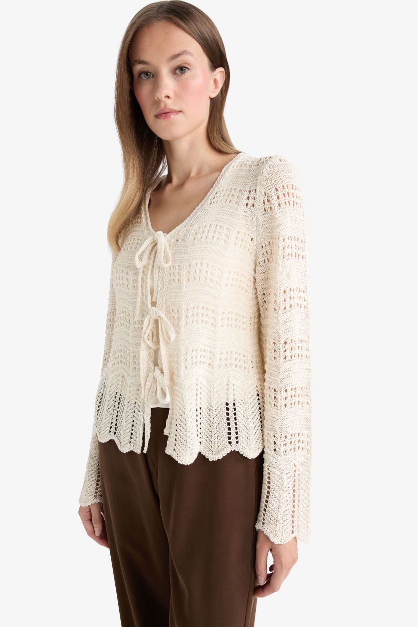 WOMAN Ecru Regular Fit V-Neck Knitwear Cardigan