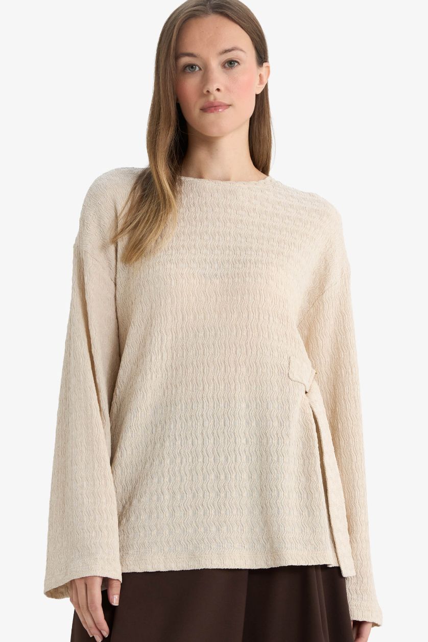 Kadın Bej Relax Fıt Bisiklet Yaka Bürümcük Uzun Kollu Tişört