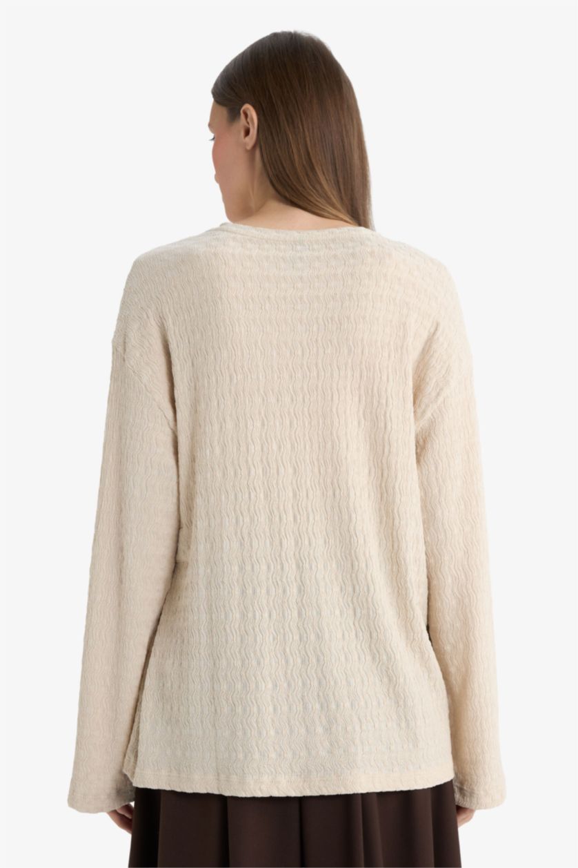 Kadın Bej Relax Fıt Bisiklet Yaka Bürümcük Uzun Kollu Tişört