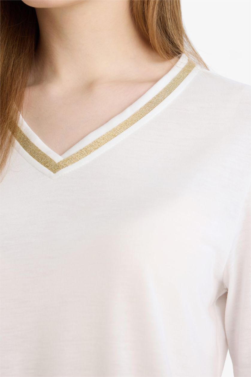 Женщины Бежевый Футболка Regular Fit с V-образным вырезом и коротким рукавом