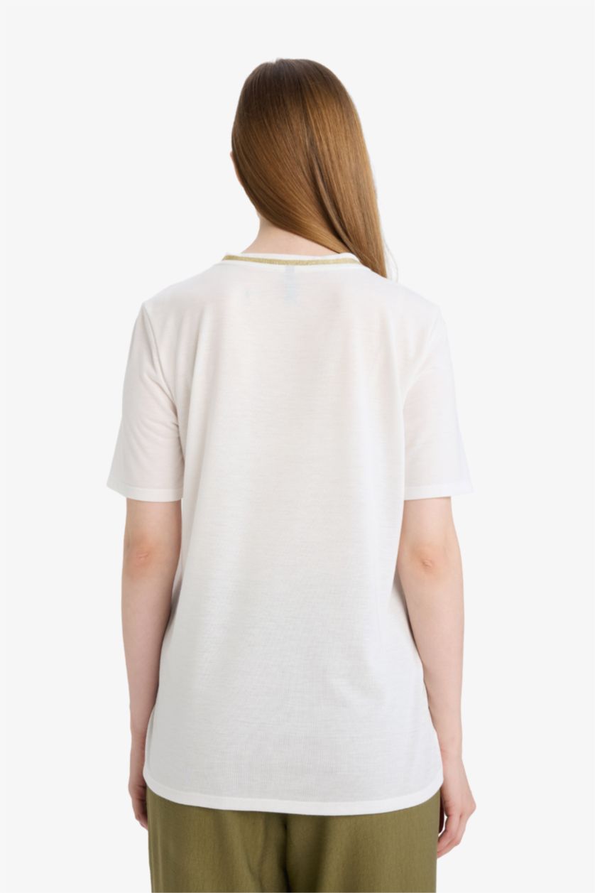 Женщины Бежевый Футболка Regular Fit с V-образным вырезом и коротким рукавом