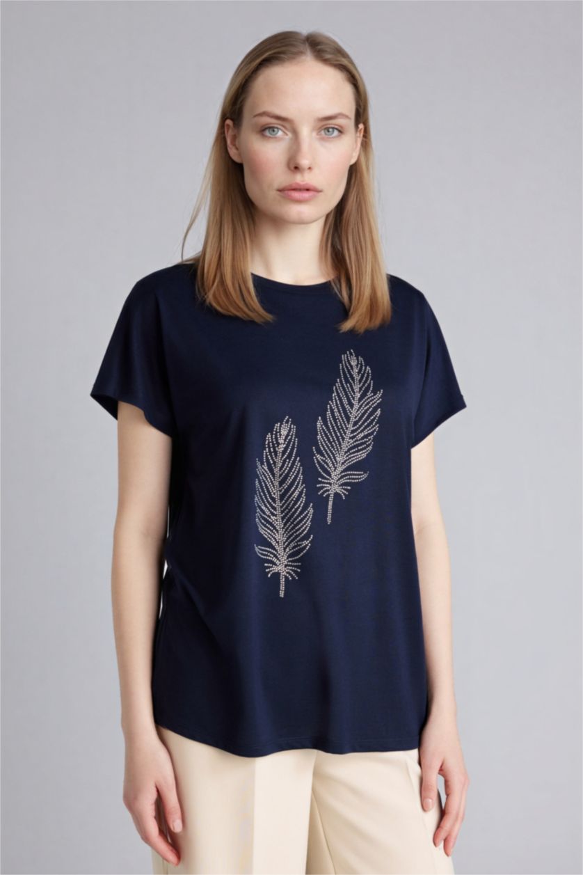 Женщины Синий Футболка с круглым вырезом коротким рукавом и принтом из камней