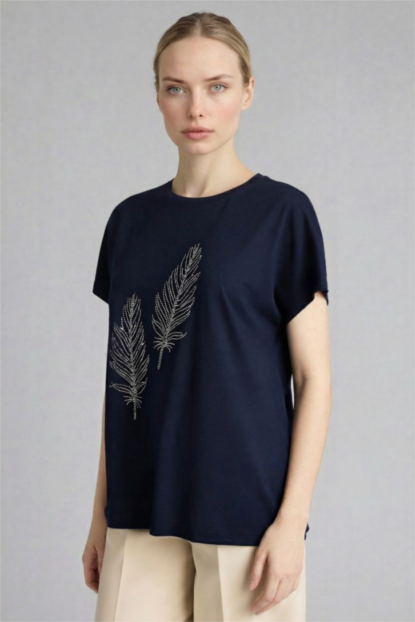 Женщины Синий Футболка с круглым вырезом коротким рукавом и принтом из камней