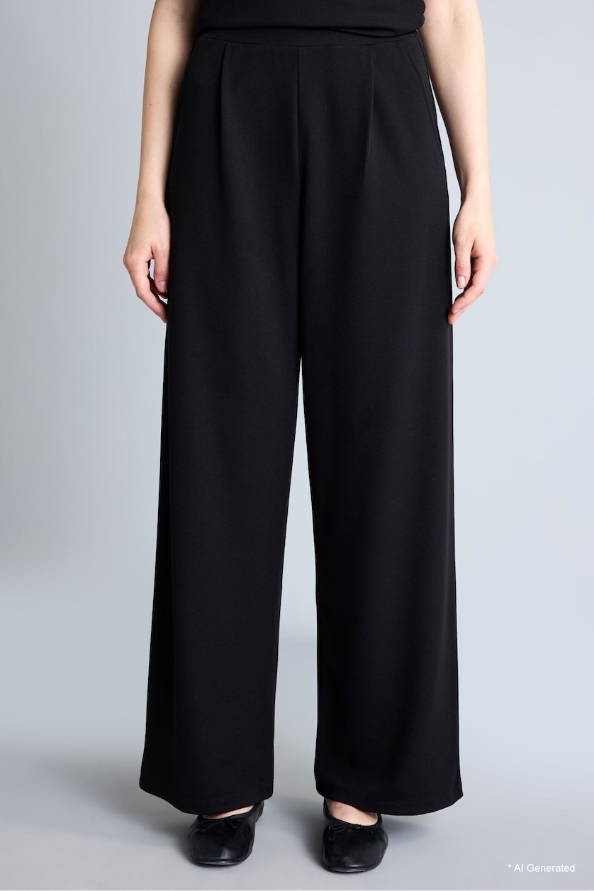 Women Black Straight Fit Wide Leg Crepe Pants