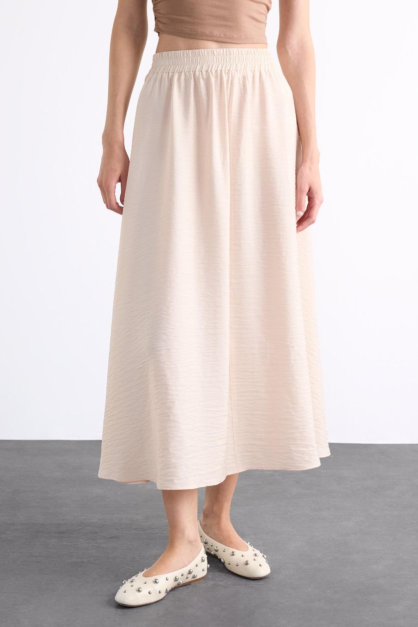 Woman Beige Twill Elastic Band Maxi Skirt