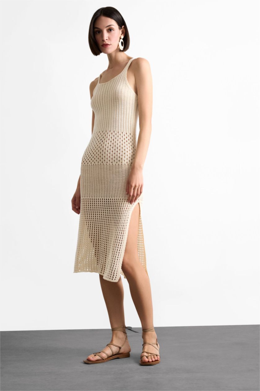 Kadın Ekru Askılı Kroşe Triko Midi Plaj Elbisesi