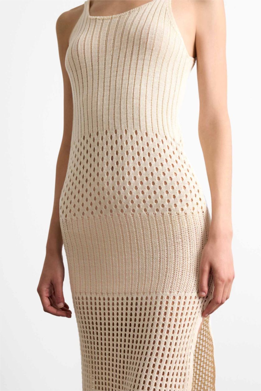 Kadın Ekru Askılı Kroşe Triko Midi Plaj Elbisesi