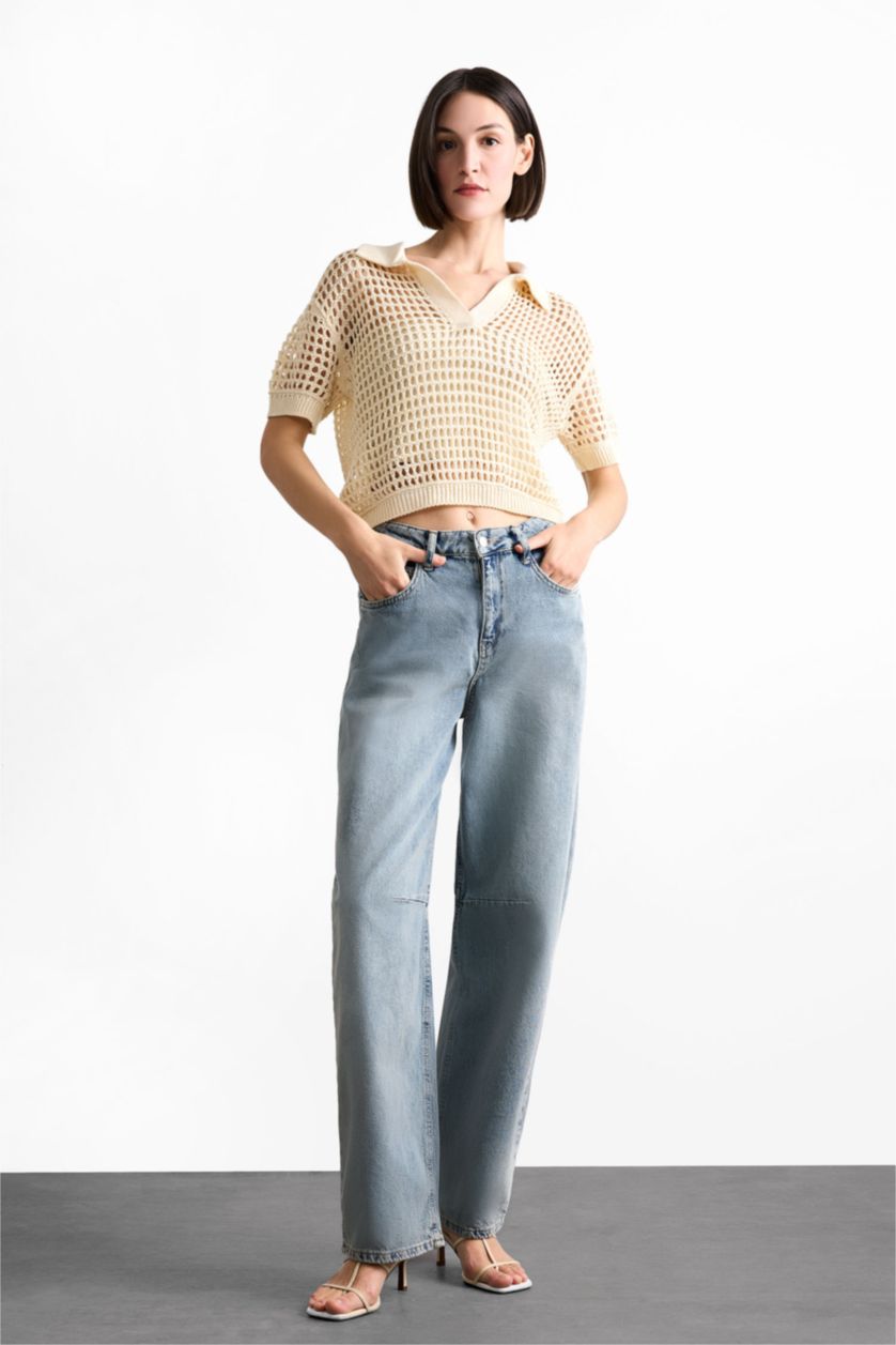 Kadın Ekru Polo Yaka Kroşe Kısa Kollu Üst