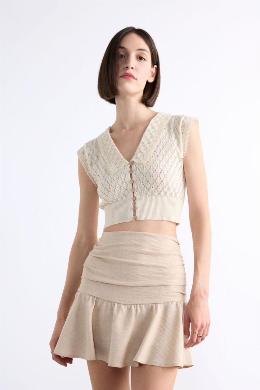 Woman Beige Poplin Elastic Band Mini Skirt