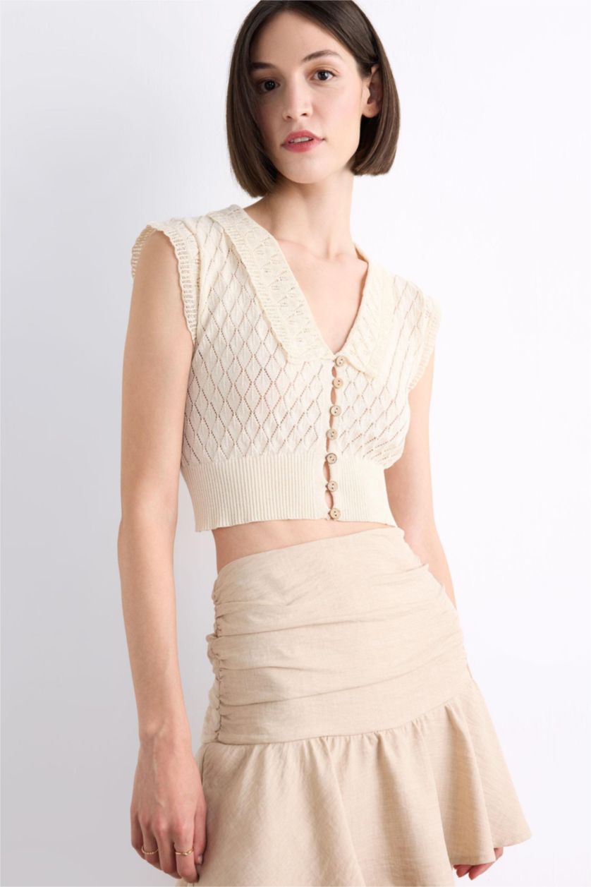 Woman Beige Poplin Elastic Band Mini Skirt