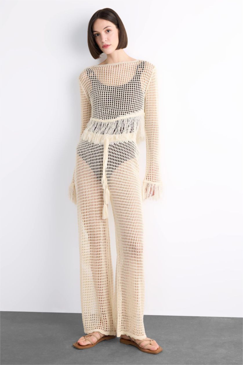 Kadın Ekru Straight Fit Beli Lastikli Kroşe Plaj Pantolonu