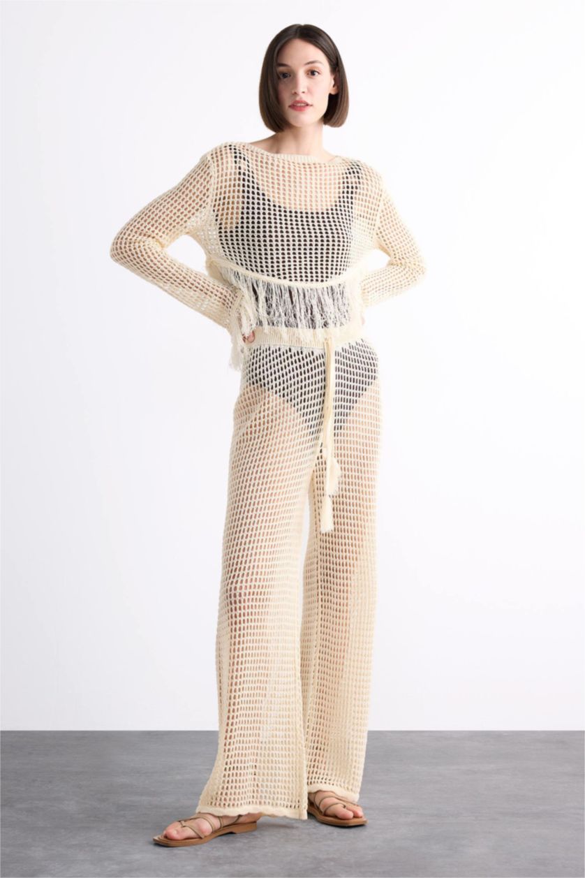 Kadın Ekru Straight Fit Beli Lastikli Kroşe Plaj Pantolonu