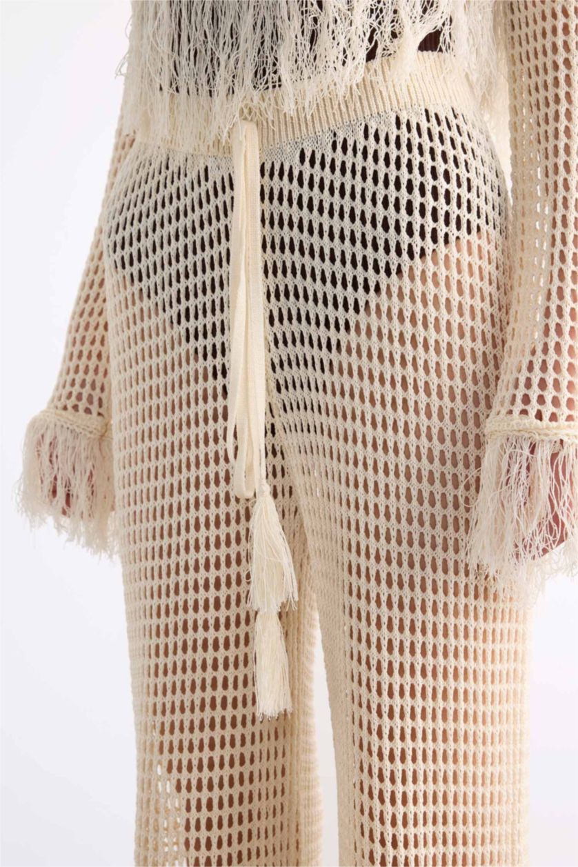 Kadın Ekru Straight Fit Beli Lastikli Kroşe Plaj Pantolonu