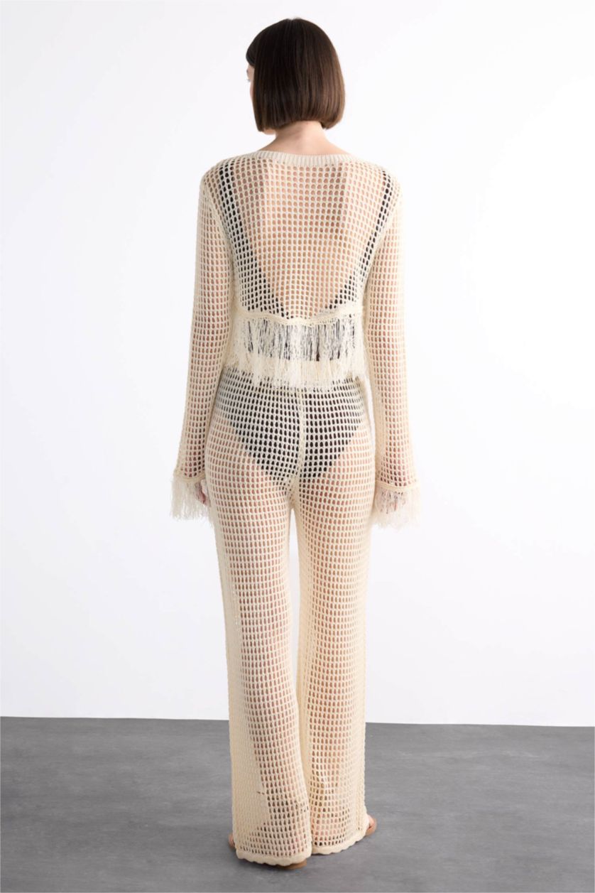 Kadın Ekru Straight Fit Beli Lastikli Kroşe Plaj Pantolonu