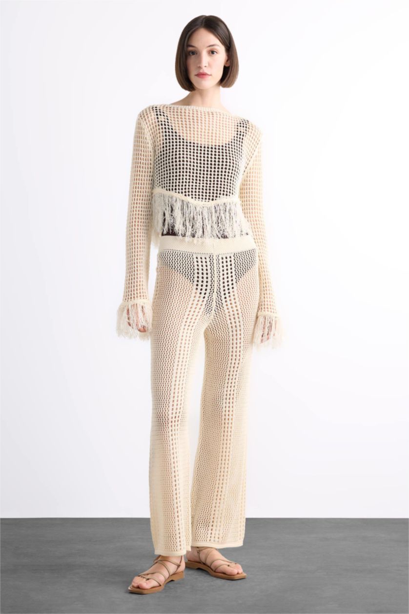 Kadın Ekru Straight Fit Beli Lastikli Kroşe Plaj Pantolonu