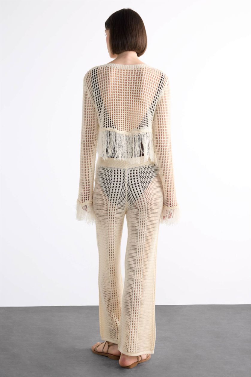 Kadın Ekru Straight Fit Beli Lastikli Kroşe Plaj Pantolonu