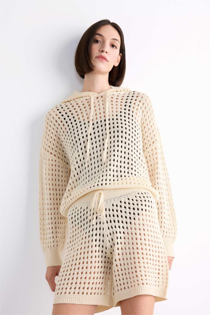 Kadın Ekru Kapüşonlu Kroşe Uzun Kollu Plaj Üstü