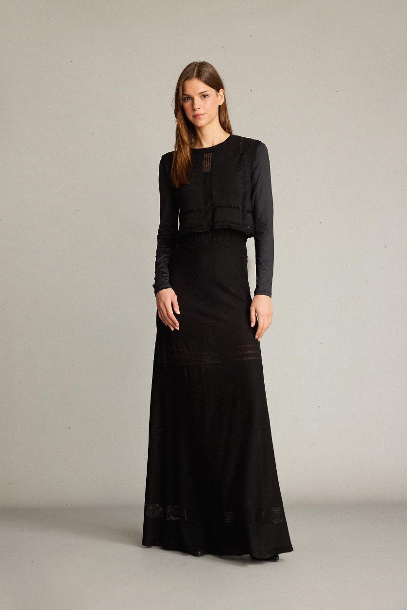 Kadın Siyah 2'li Kroşe Triko Takım Bisiklet Yaka Kolsuz Bluz Beli Lastikli Maxi Etek