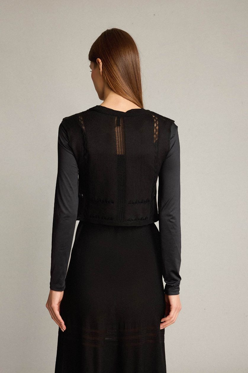 Kadın Siyah 2'li Kroşe Triko Takım Bisiklet Yaka Kolsuz Bluz Beli Lastikli Maxi Etek