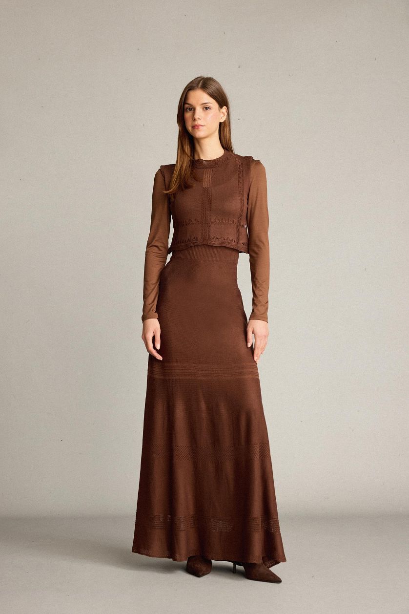 Kadın Açık Kahve 2'li Kroşe Triko Takım Bisiklet Yaka Kolsuz Bluz Beli Lastikli Maxi Etek