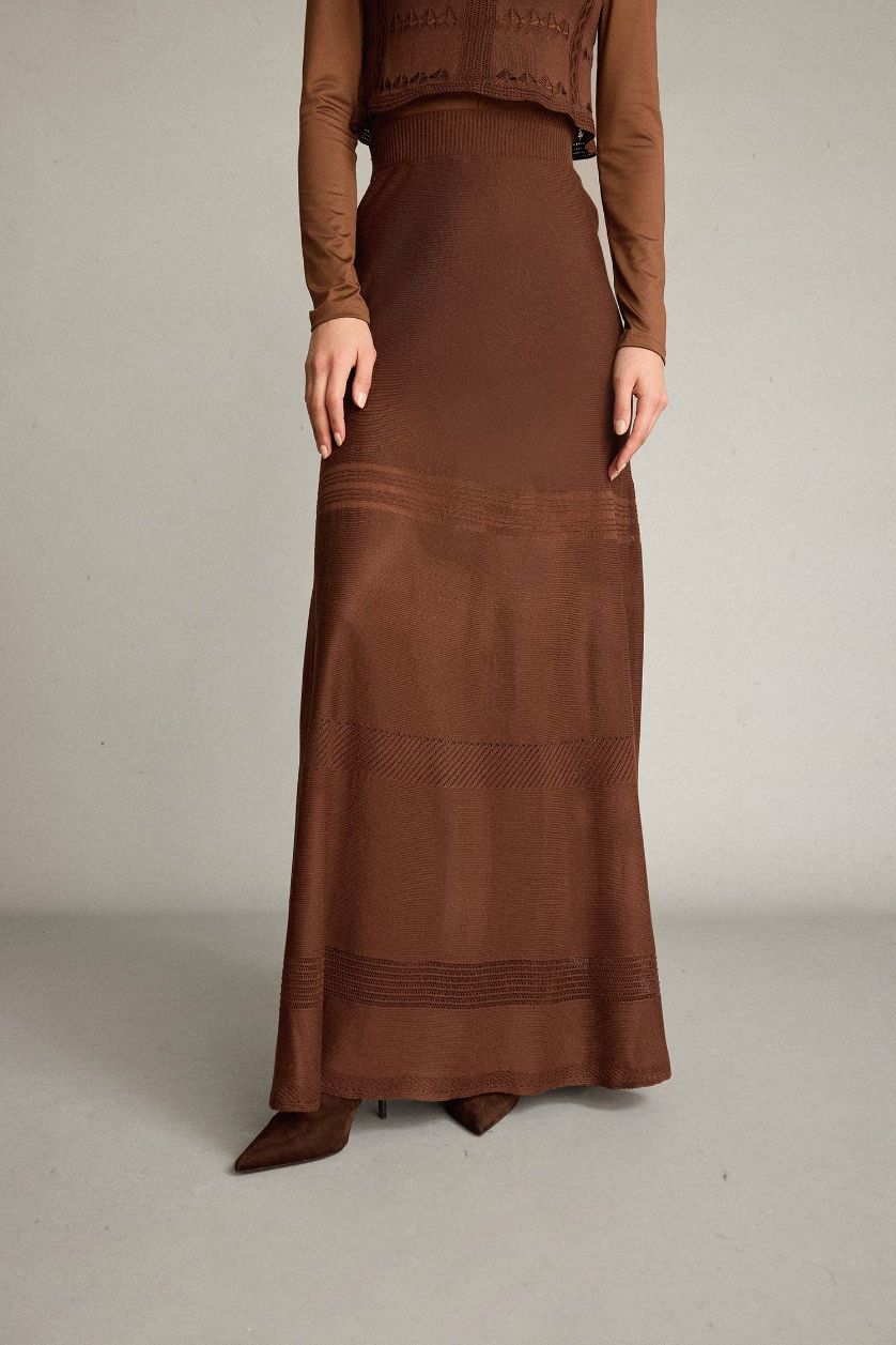 Kadın Açık Kahve 2'li Kroşe Triko Takım Bisiklet Yaka Kolsuz Bluz Beli Lastikli Maxi Etek