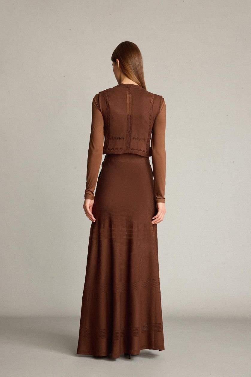 Kadın Açık Kahve 2'li Kroşe Triko Takım Bisiklet Yaka Kolsuz Bluz Beli Lastikli Maxi Etek