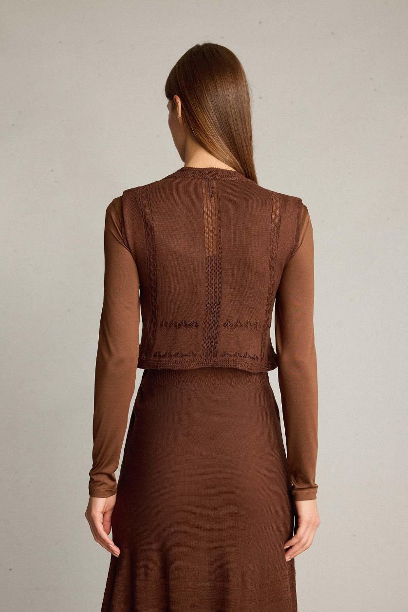 Kadın Açık Kahve 2'li Kroşe Triko Takım Bisiklet Yaka Kolsuz Bluz Beli Lastikli Maxi Etek