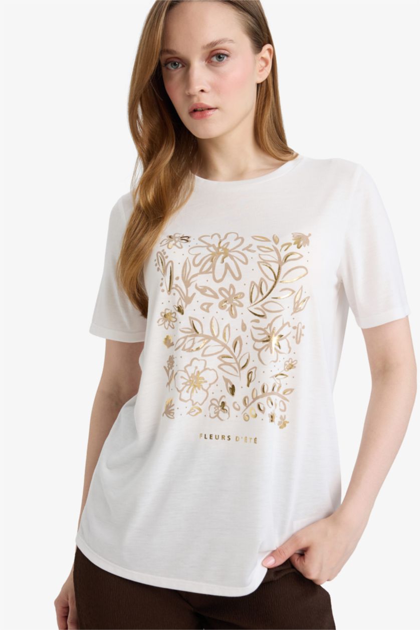 Женщины Бежевый Футболка Regular Fit с цветочным узором круглым вырезом и коротким рукавом