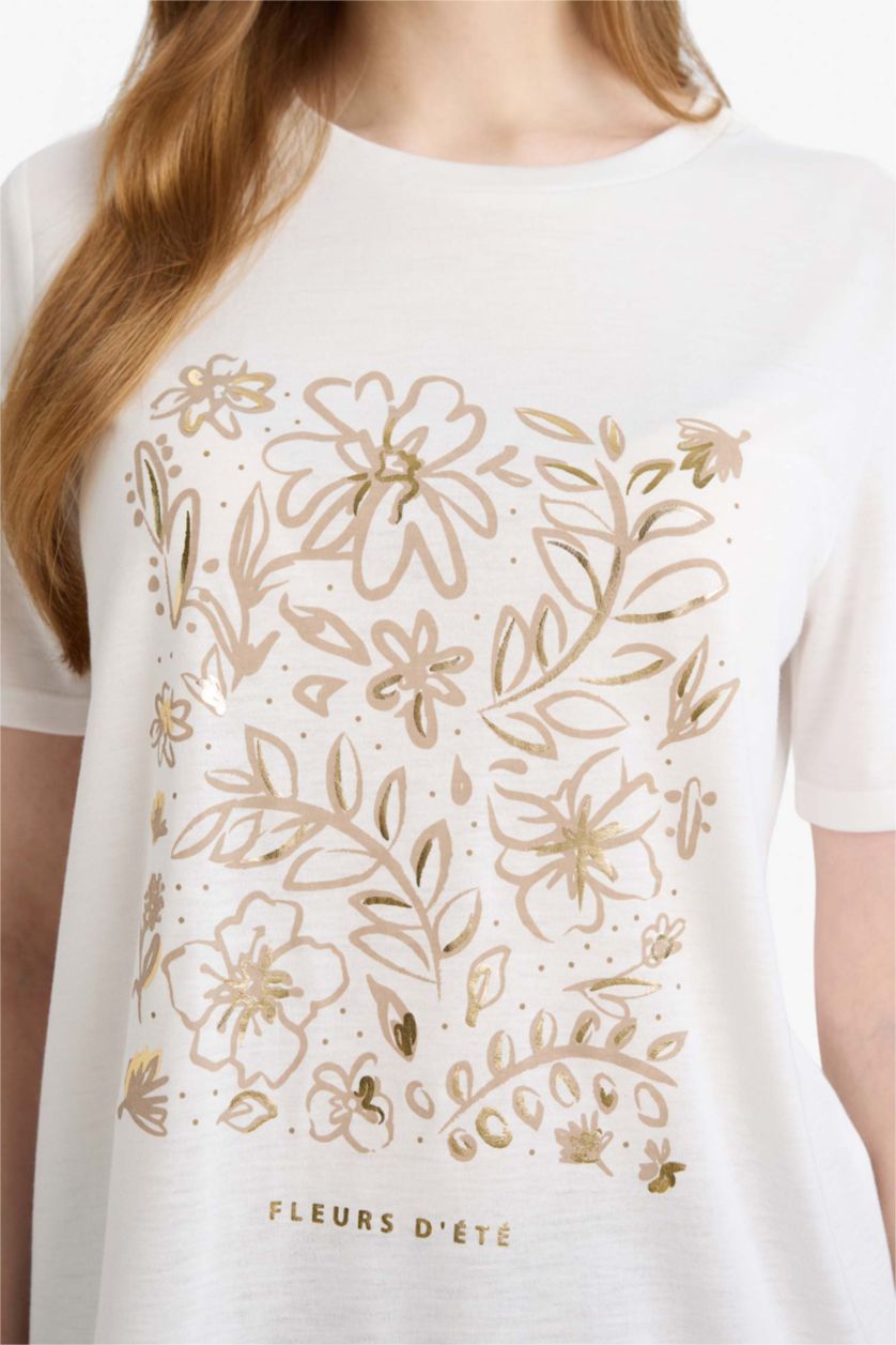 Женщины Бежевый Футболка Regular Fit с цветочным узором круглым вырезом и коротким рукавом