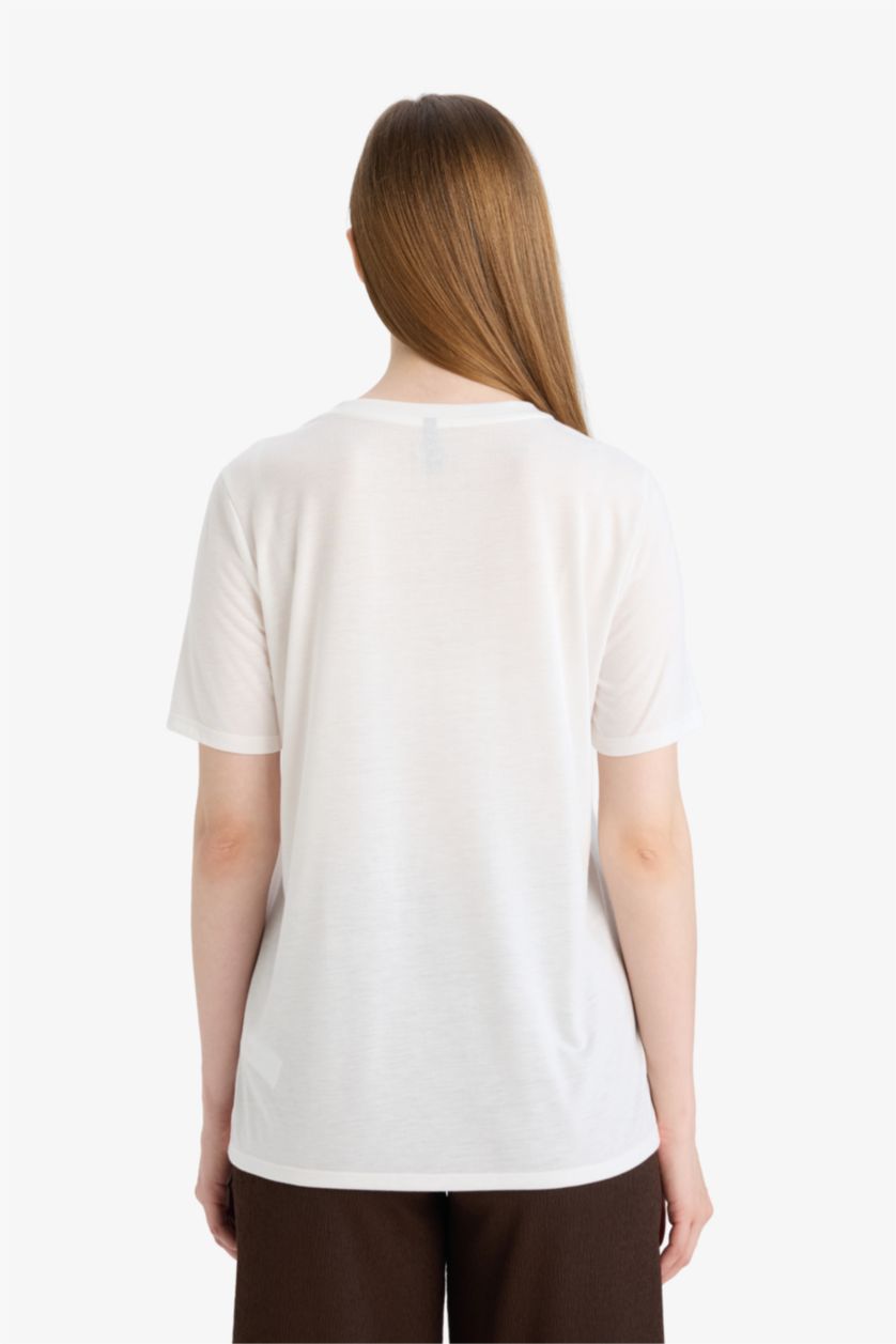 Женщины Бежевый Футболка Regular Fit с цветочным узором круглым вырезом и коротким рукавом